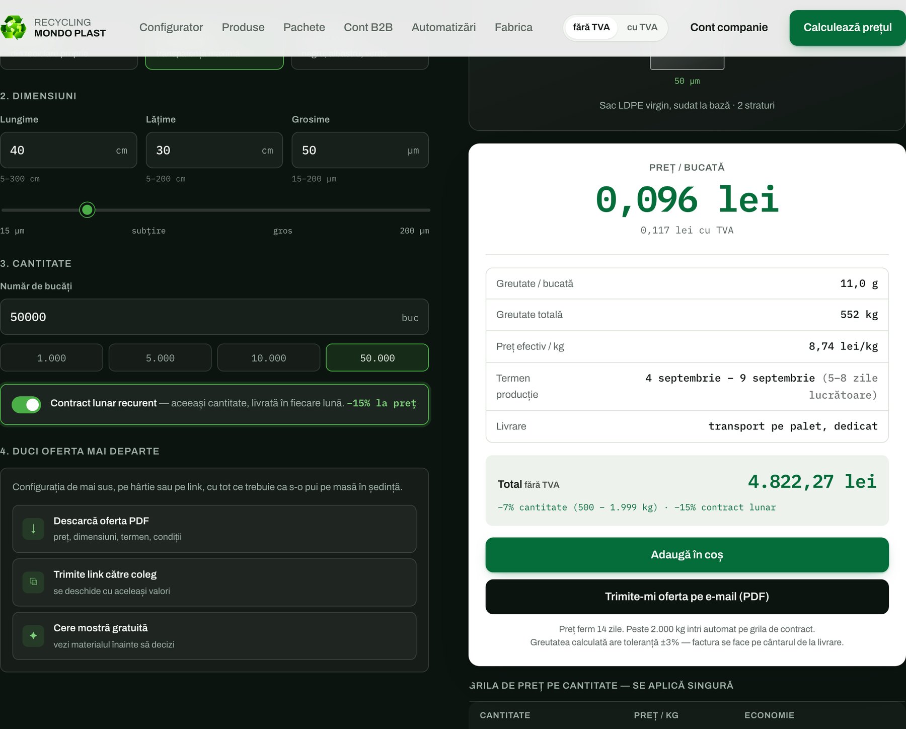Configuratorul complet — dimensiuni, material, praguri de cantitate, contract recurent