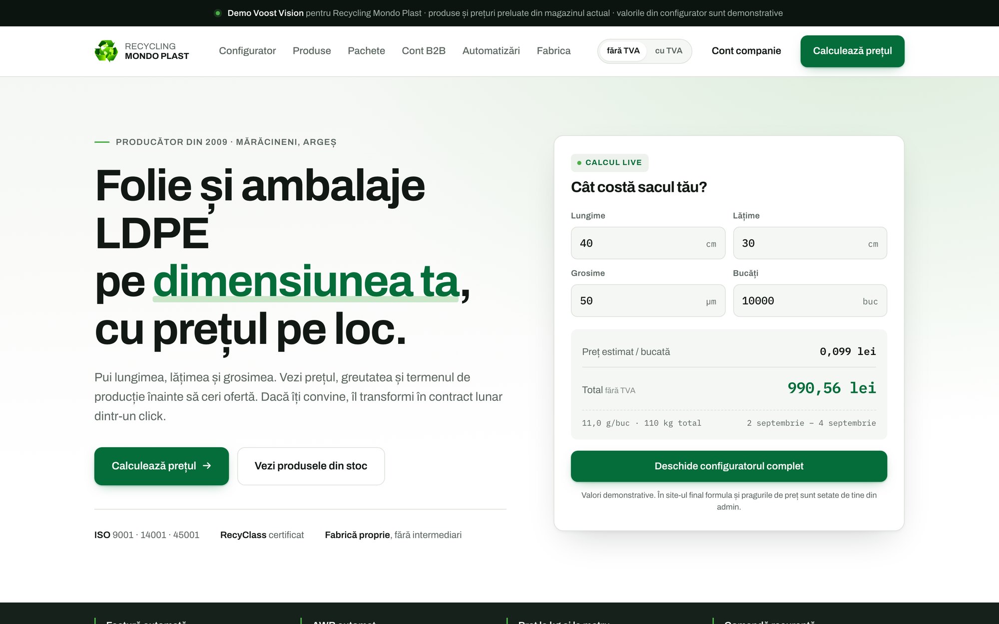 Demo Recycling Mondo Plast — configuratorul de folie și saci la dimensiune